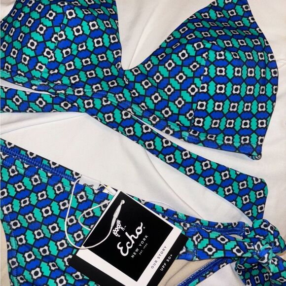 Echo Bikini Set S/XS Triangle String Sz Small Top XS Bottoms Blue Green NWT NEW - Picture 3 of 5